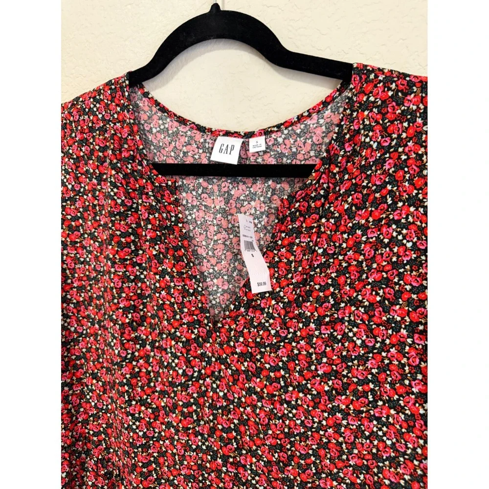 NWT GAP Floral Print‎ Mini Dress Red Black Long Sleeve V Neck Tiered Babydoll
